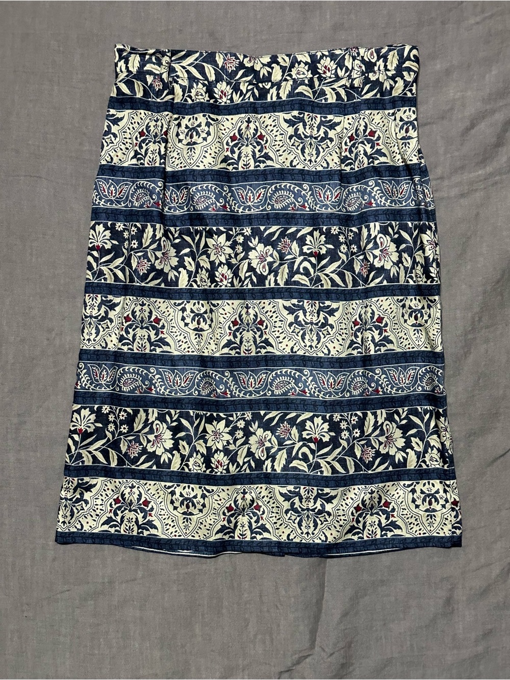 Talbots Navy and Cream Floral-Stripe Midi Skirt